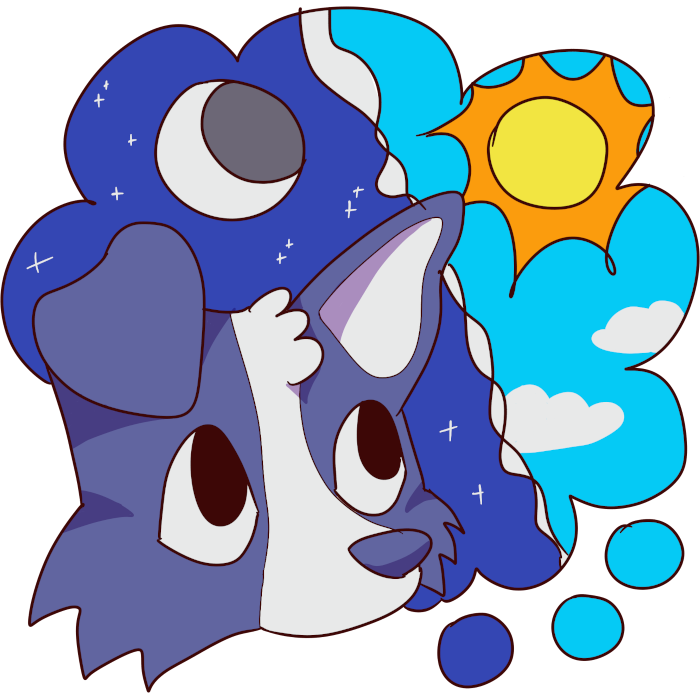  A drawing of a black and white dogs face. next to the dog's face is a thought bubble that is split in half. in the left half is a starry night sky with a crescent moon in it. on the right side of the thought bubble is a sunny daytime sky